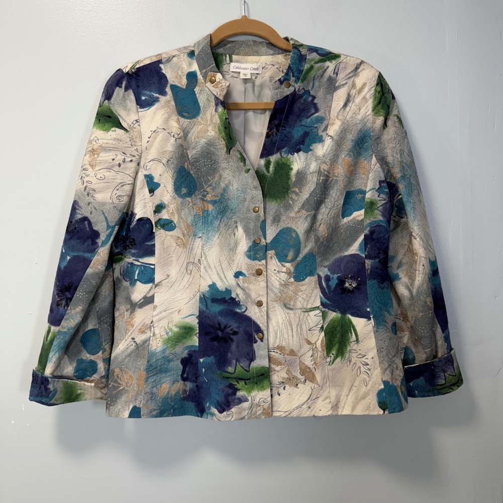 Coldwater Creek Blue Floral Jacquard Snap Front Blazer Jacket Size 16 V#B193